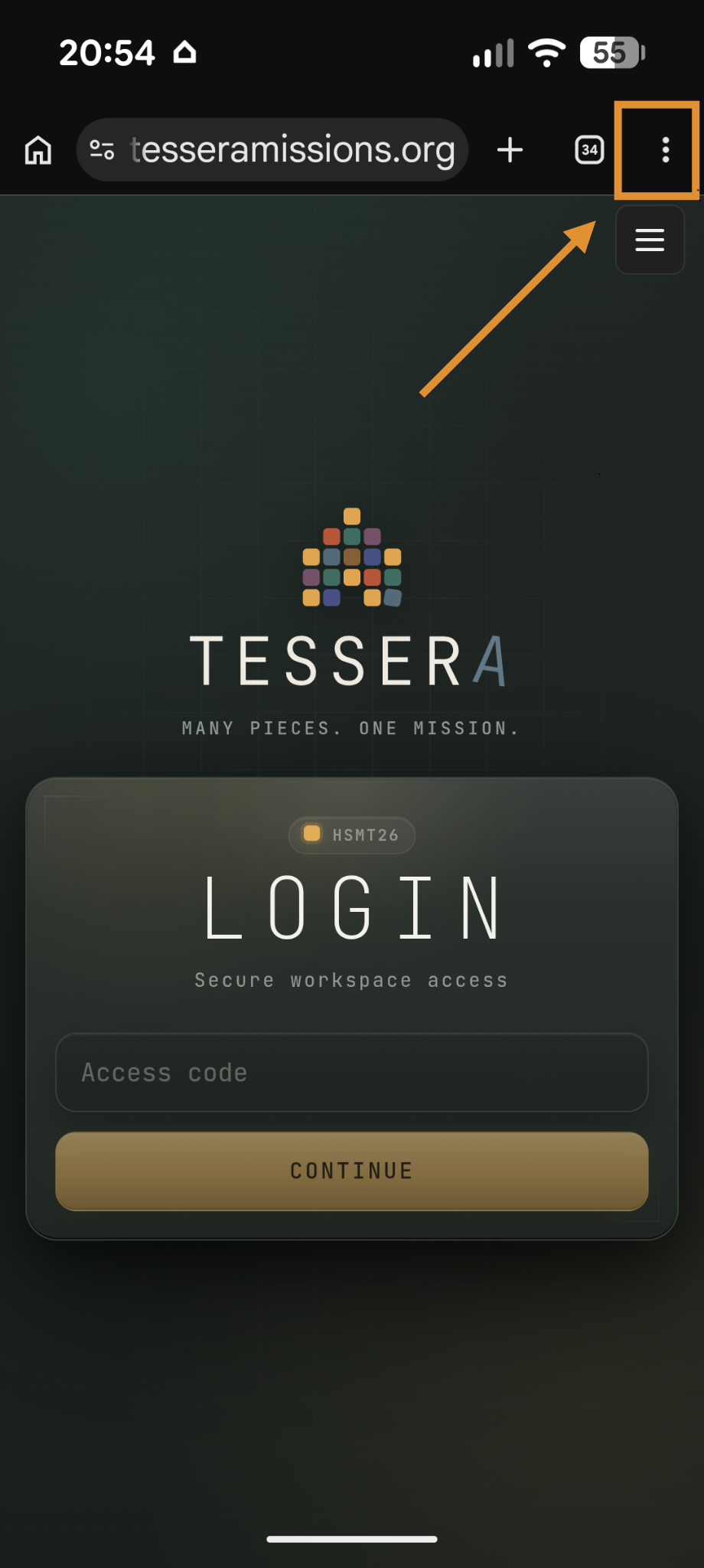 Chrome open to the Tessera login page, with the three-dot menu button highlighted in the top-right corner