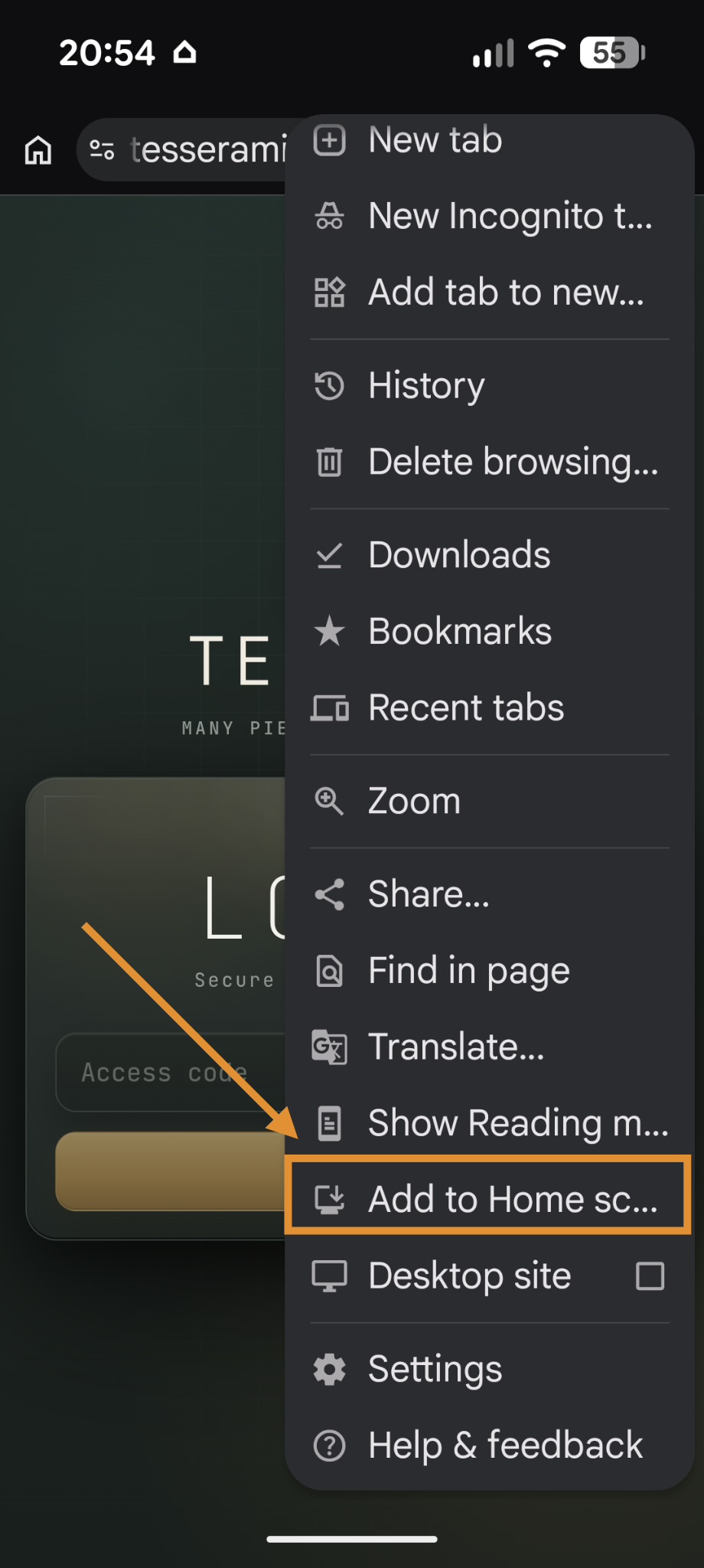 Chrome menu open with Add to Home Screen option highlighted