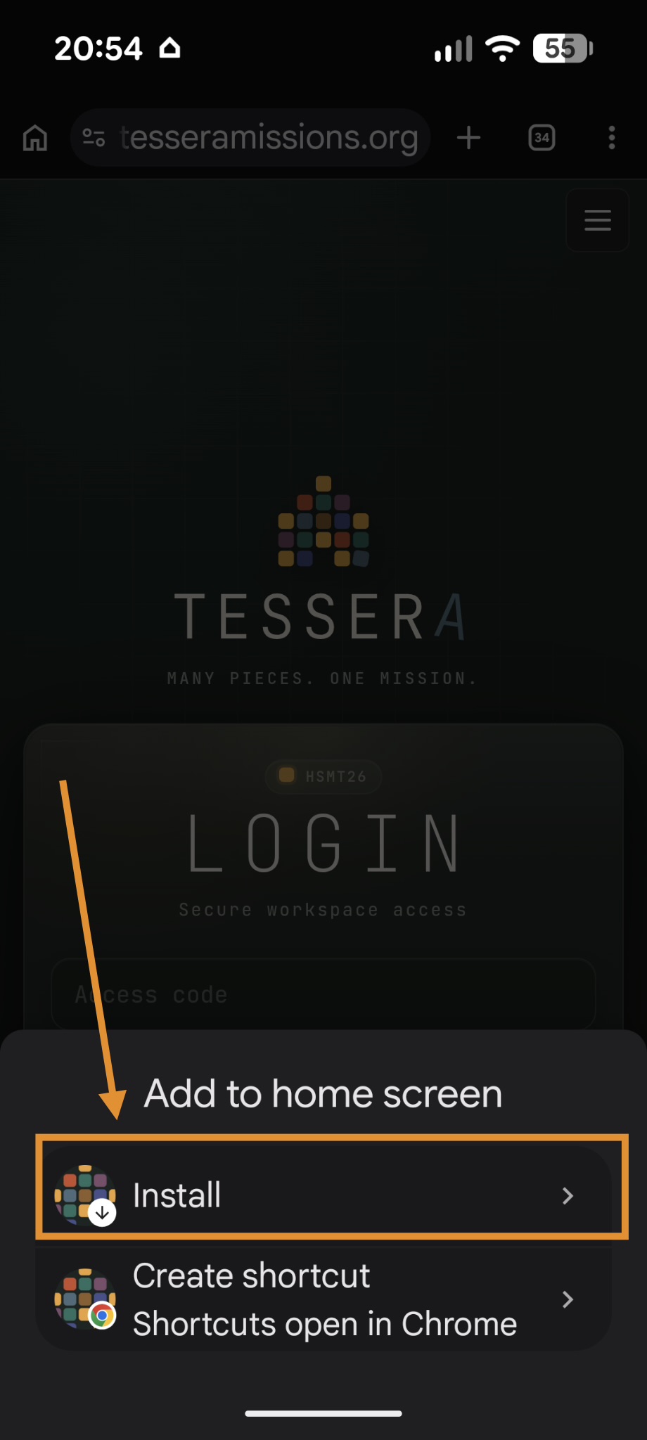 Add to home screen bottom sheet with Install option highlighted