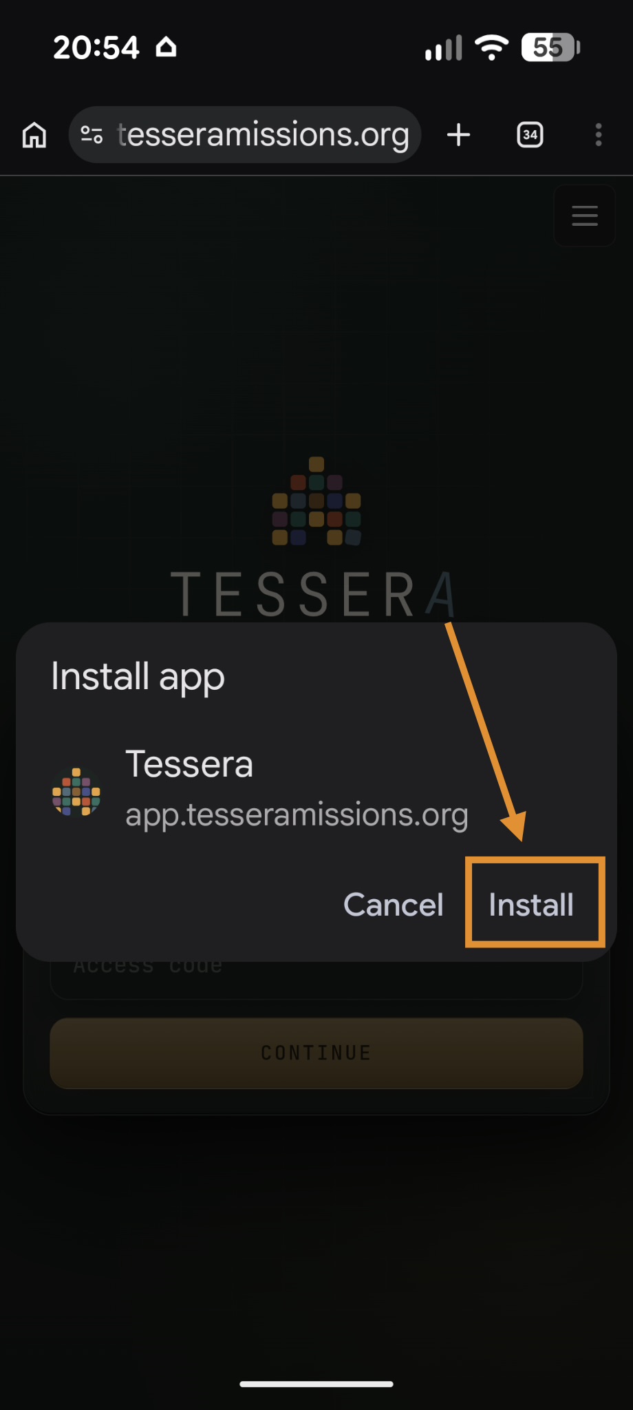 Install app dialog showing Tessera from app.tesseramissions.org with the Install button highlighted